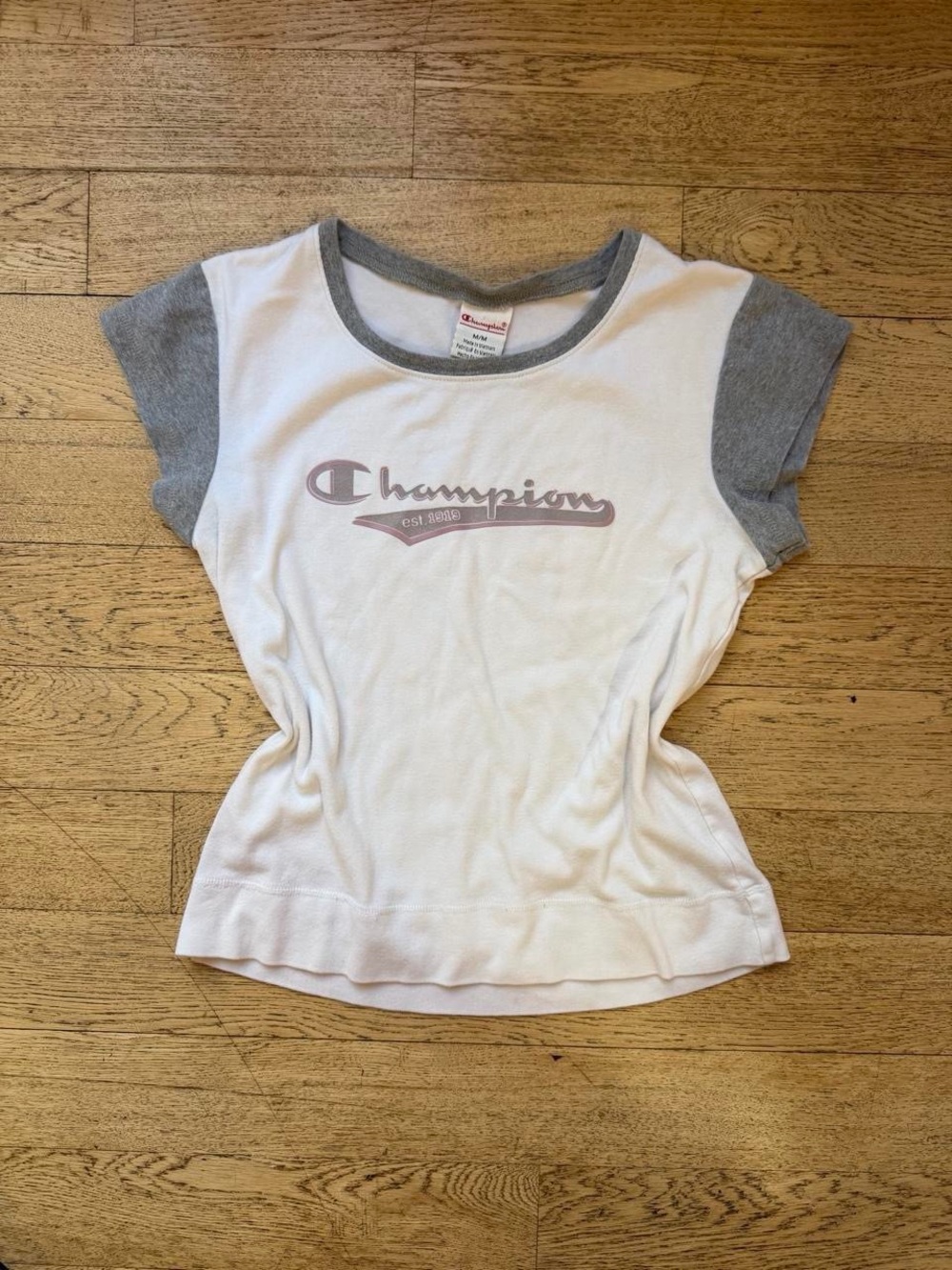 Y2K Varsity Champion Baby Tee Sporty White and Grey Off-Duty Model Top